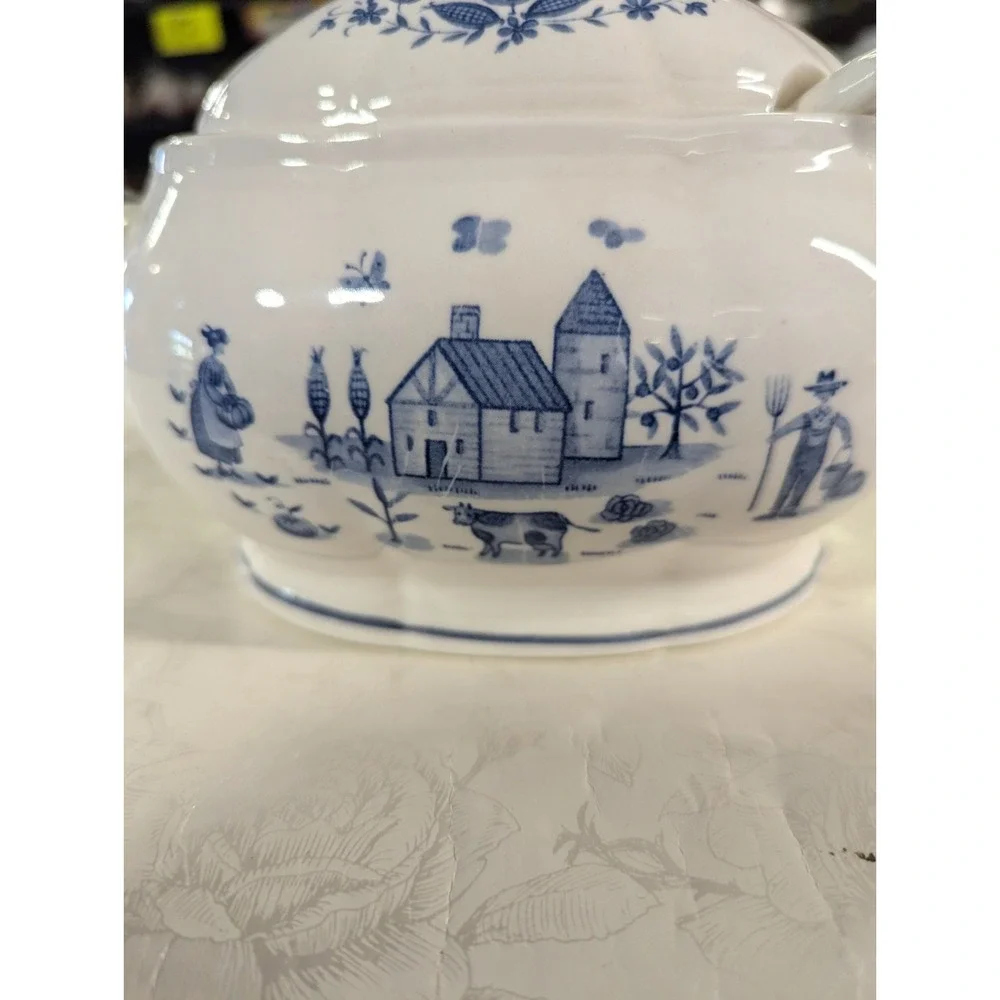 Vintage gravy sauce boat container lid & spoon‎ country blue scarecrow rooster